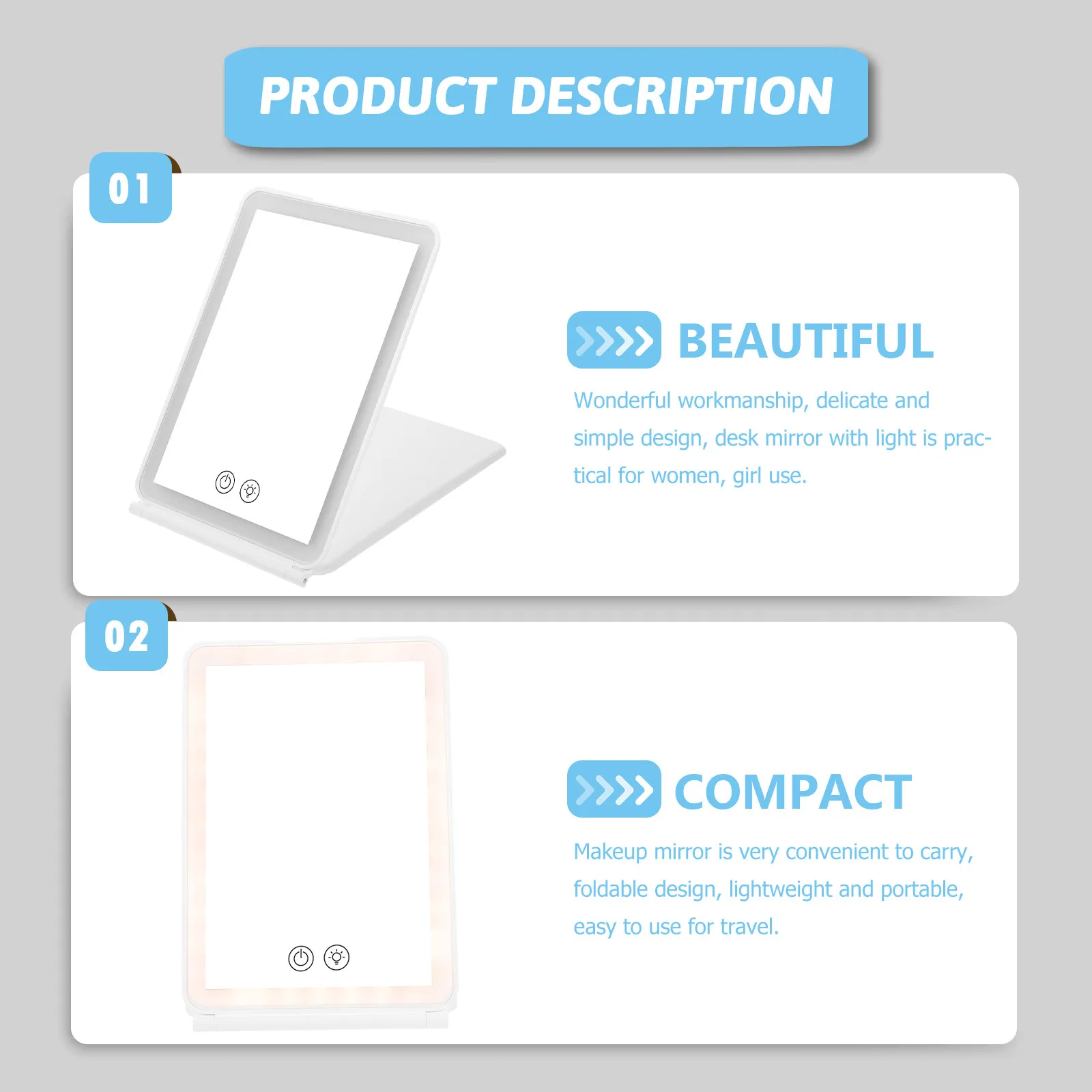 Foldable Makeup Mirror Compact Rechargeable Tabletop Mirror with Bright Light for Women Girls Desk Travel Home Dorm Use