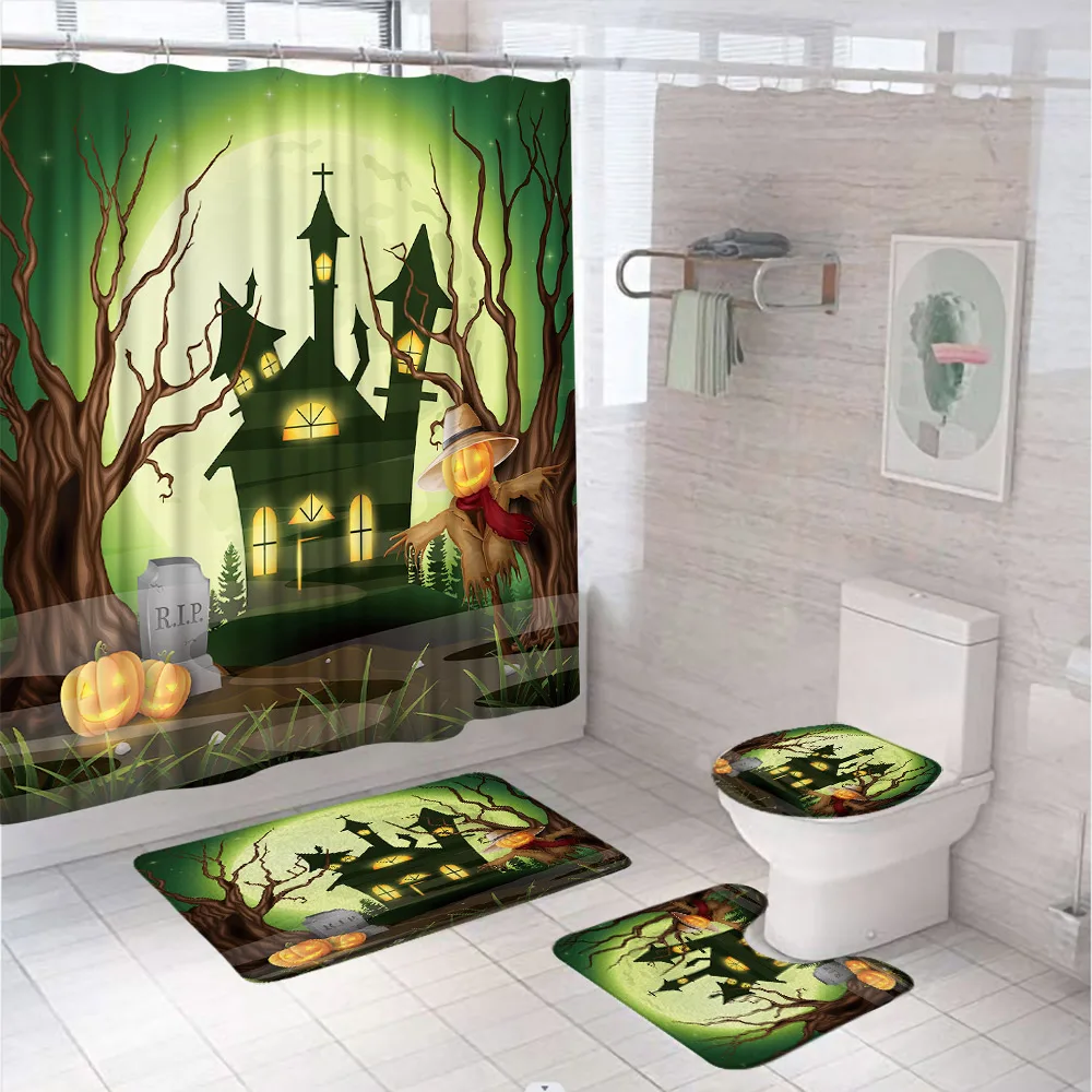 

Funny Pumpkin Head Scarecrow Bathroom Shower Curtains Sets Halloween Decor Castle Moon Dead Tree Bath Mats Rug Toilet Seat Cover