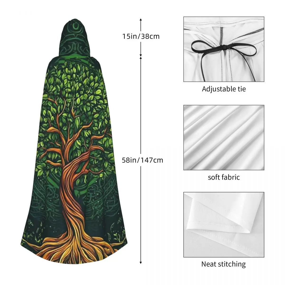 Biblical World Tree Of Life Long Hooded Cloak Witch Medieval Costume Cosplay Cape HalloweenParty Adult Unisex view 3