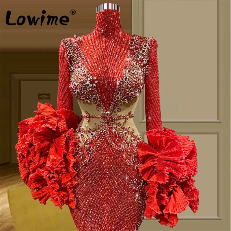 Red Vintage Evening Dresses Dubai Design Long Sleeves High Neck Party Dress 2022 Customize Plus Size Sequined Mermaid Prom Gowns