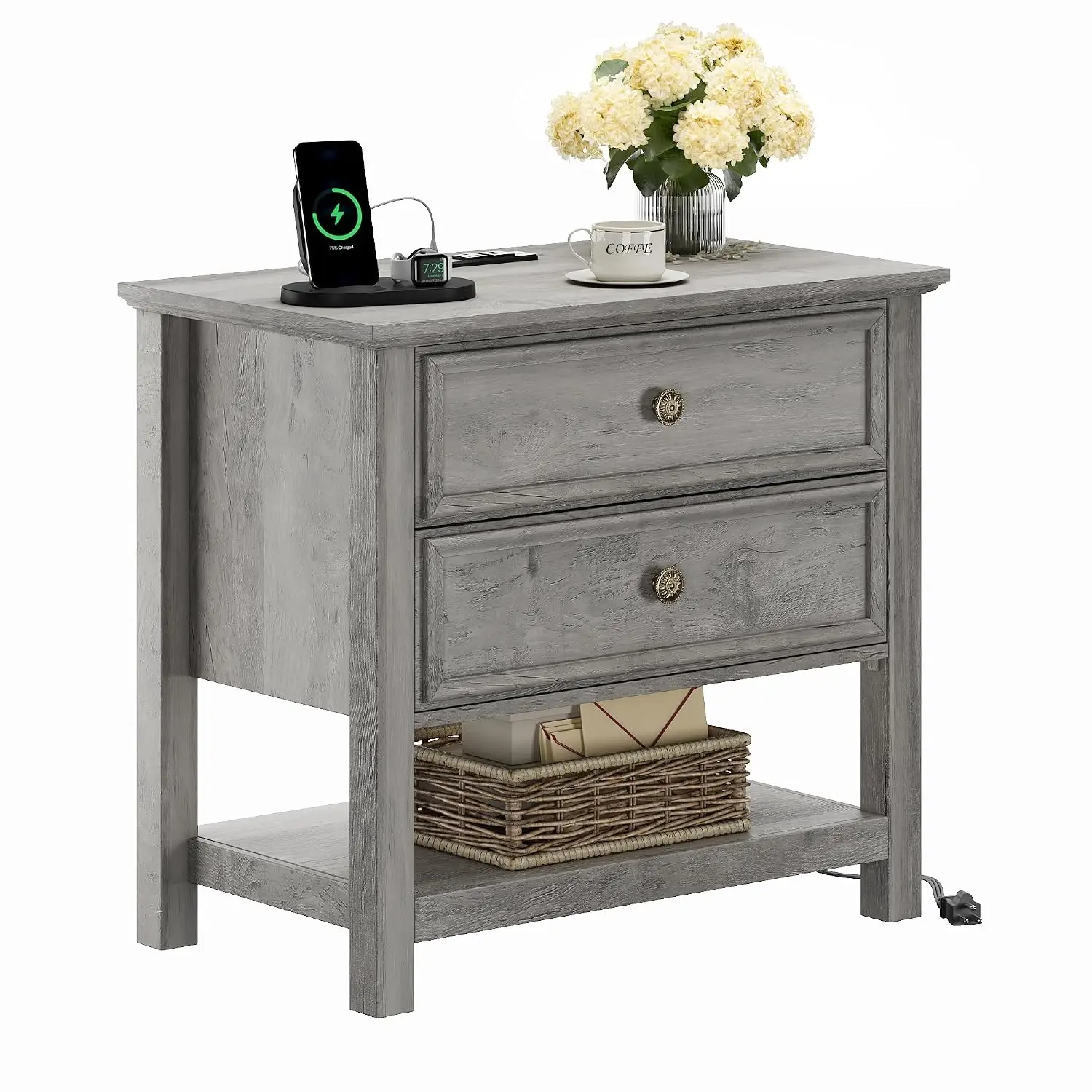 Large Nightstand with Charger & Drawers, 27