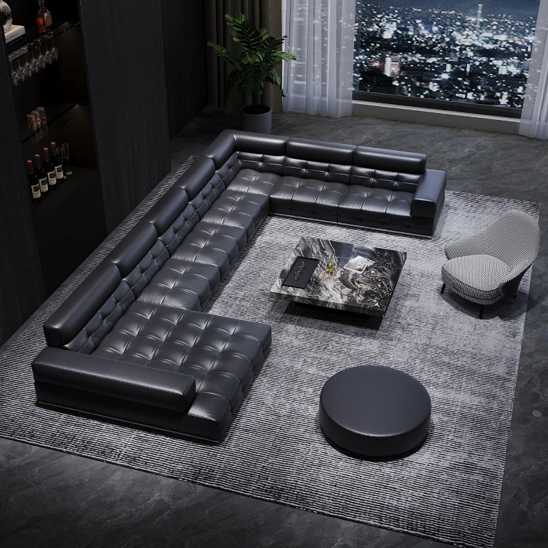 

Italian sofa, first-layer cowhide, half-green leather, all green leather, all genuine leather, high-end black, high-back sofa