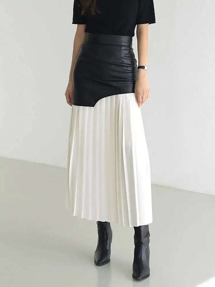 

HUISONG Casual Patchwork Pu Skirt For Women High Waist Midi Folds Pleated Skirts Female 2022 Spring Fashion Clothing Style uh3um