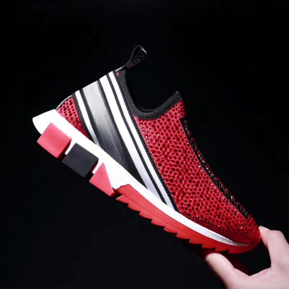 2024 Autumn/Winter New Elastic Knitted Sports and Leisure Board Shoes Splicing Men's Shoes Flat Bottom Mesh Couple's Same Style