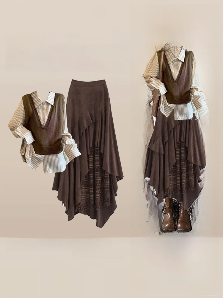 

Винтажный женский осенний комплект: полосатая блузка и юбка миди с асимметричным подолом, повседневный модный ансамбль из двух предметов