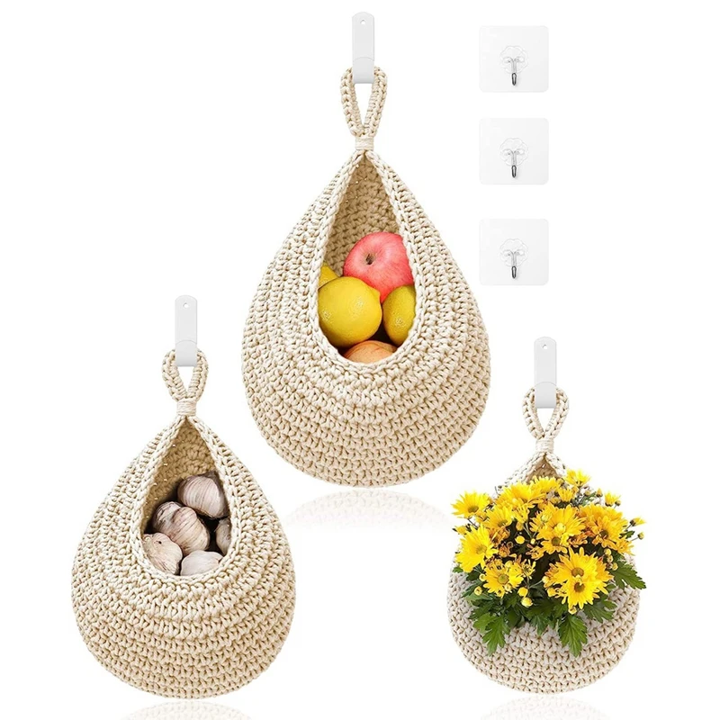 

Wall Basket Hanging Basket For Kitchen - 3Pack Boho Wall Hanging Basket With 6Pcs Hooks For Fruits Vegetable Potato Storage