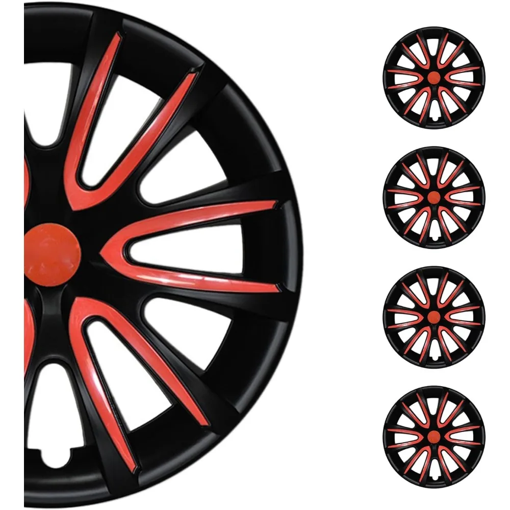 

- Black Matt with Red Hub Caps 16 Inch Set of 4, Tapas para Rines 16, Premium Wheel Covers 16 Inch, R16 Rim Cover Set, Snap On
