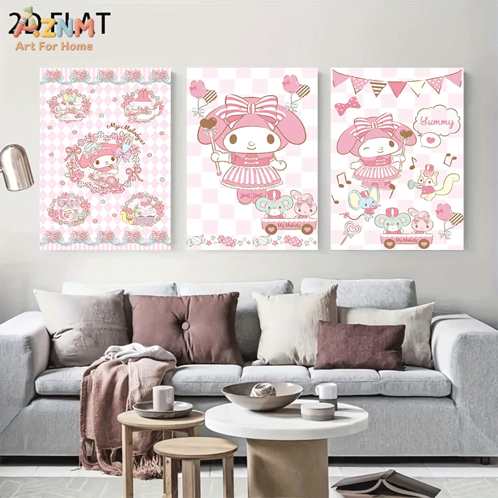 AZNM My Melody Party Checkered Bow Canvas Wall Art, Frameless Sanrio Cute Cartoon Print Poster For Girls Bedroom Home Decor