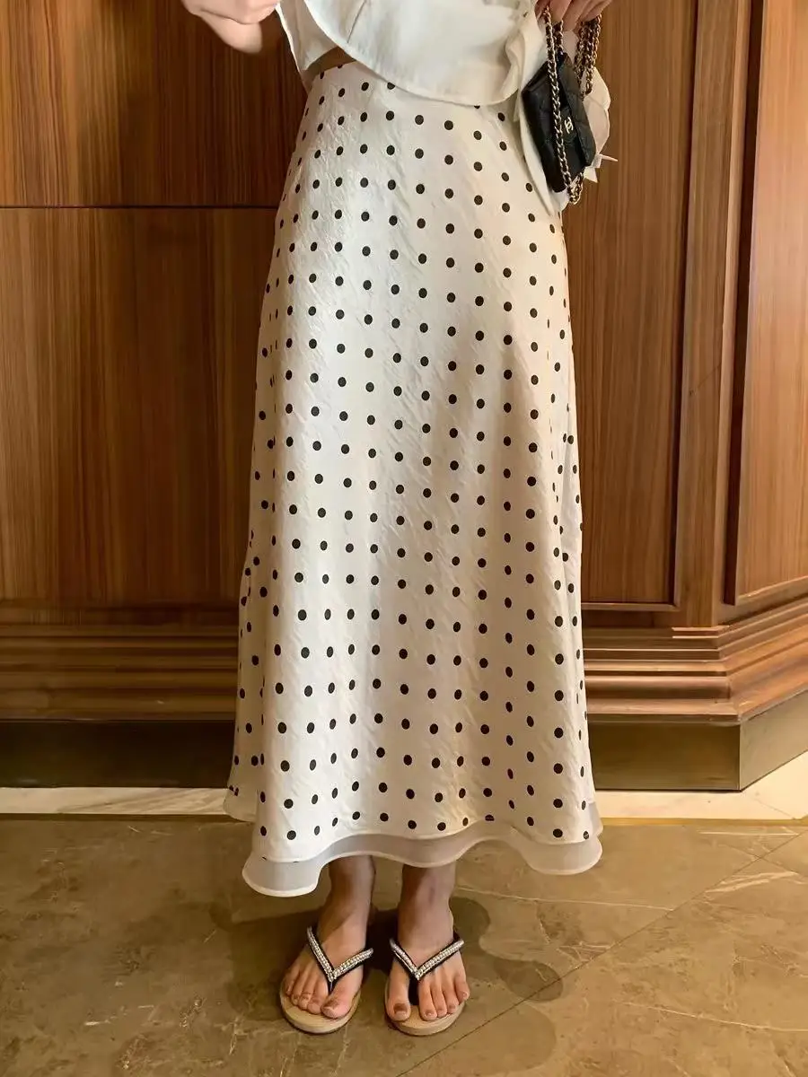 French Beige Black Polka Dot Satin Double Midi Skirt High Waist A-line Casual Elegant Office Lady Summer Trendy Chic Flowy Skirt