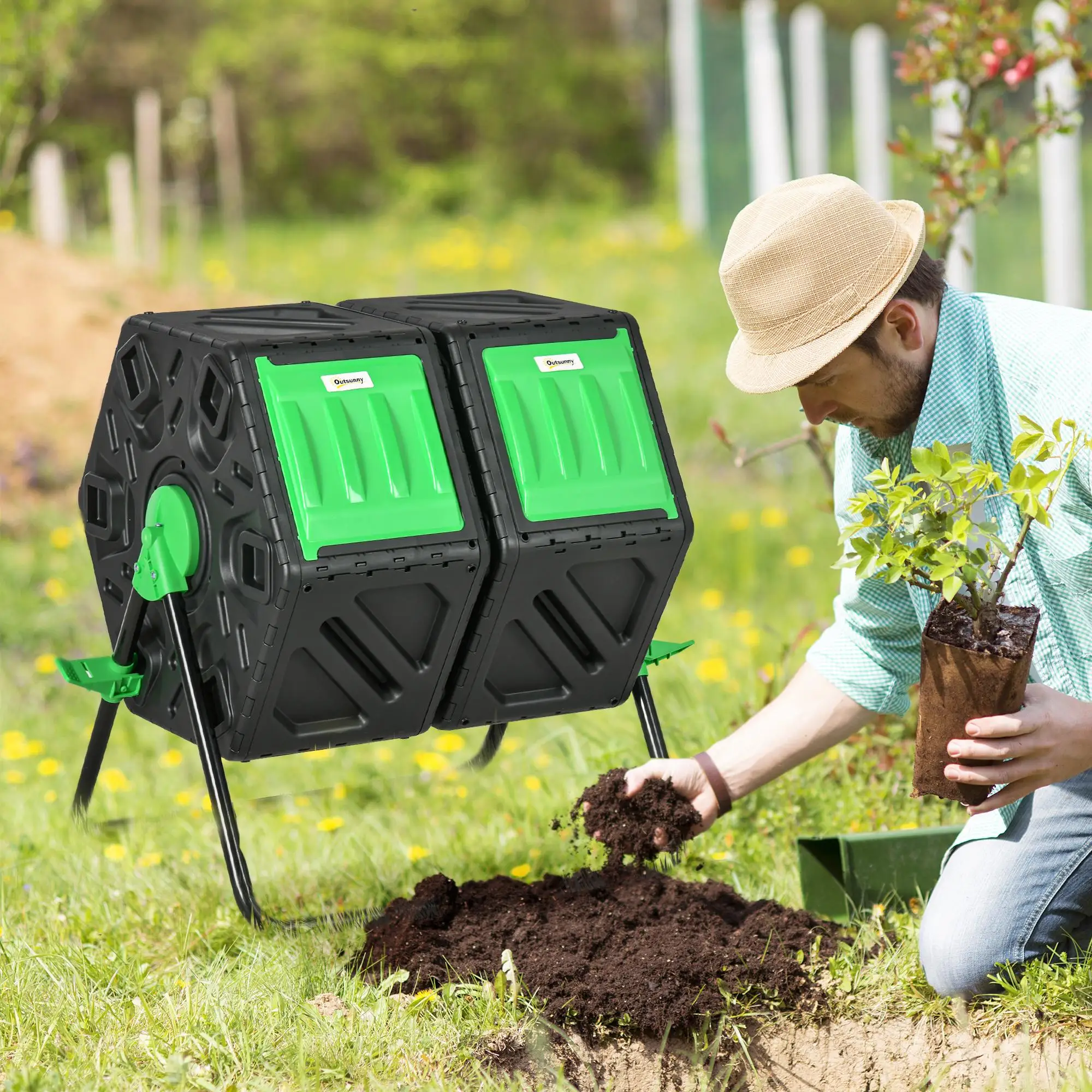 Compostador de 130L con doble cámara 360 ° Base de acero giratoria con 24 orificios de ventilación, plástico PP para jardín, color negro