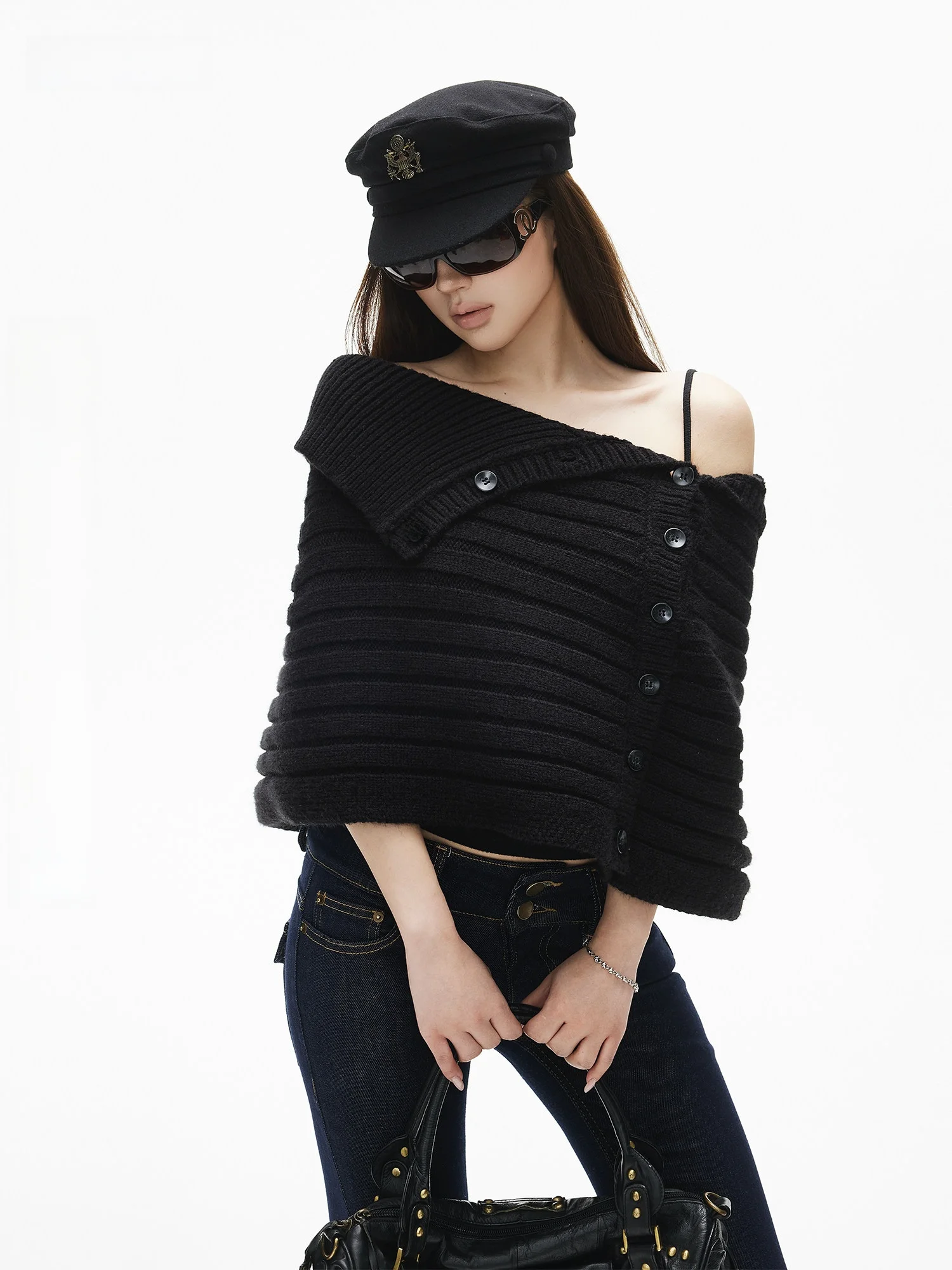 

Retro Wrap Sle oulder Bared Side Button Wide Stripe Loose Vintage awl Coat Simple Sle Medium Softn Long Sve Kni...