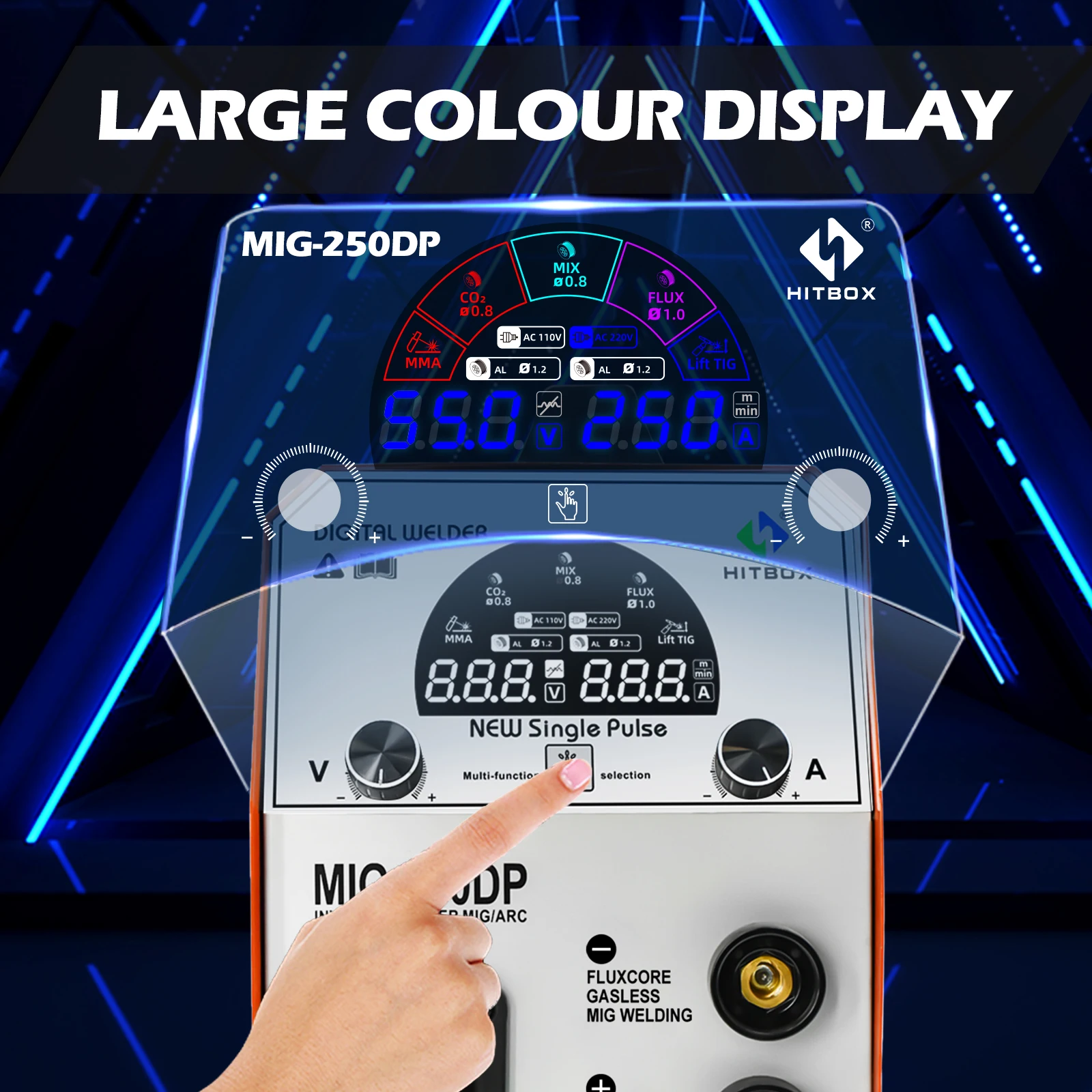 HITBOX Aluminium Welder MIG250DP 5 in 1 MIG CO2 MIX Gas Gasless Lift TIG MMA ARC Inverter Welding Machine Digital Display
