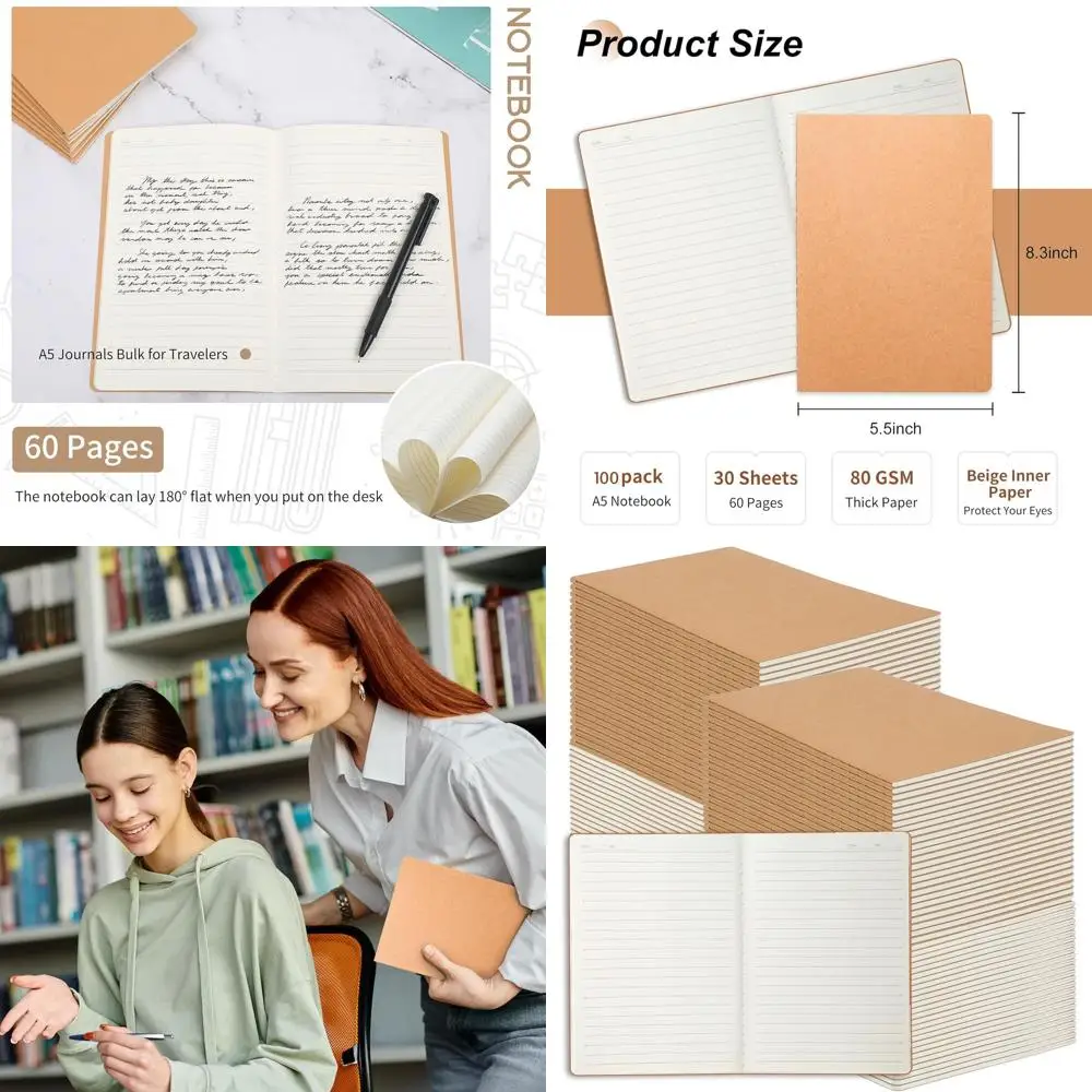 

Bulk 100 A5 Kraft Lined Notebooks, 8.3x5.5, 60pgs/30sheets, 80gsm, Ideal for Travel, Gifts, School & Office