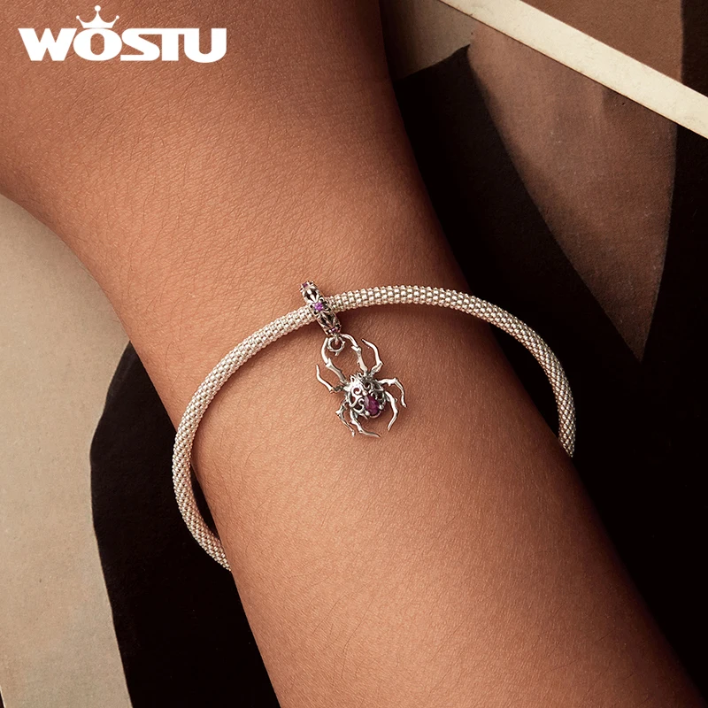 WOSTU 925 Sterling Silver Dark Spider Ciondolo Pavé Impostazione CZ Perline Rosa Misura Bracciale Originale Bangle per Le Donne Regali Punk FAI DA TE