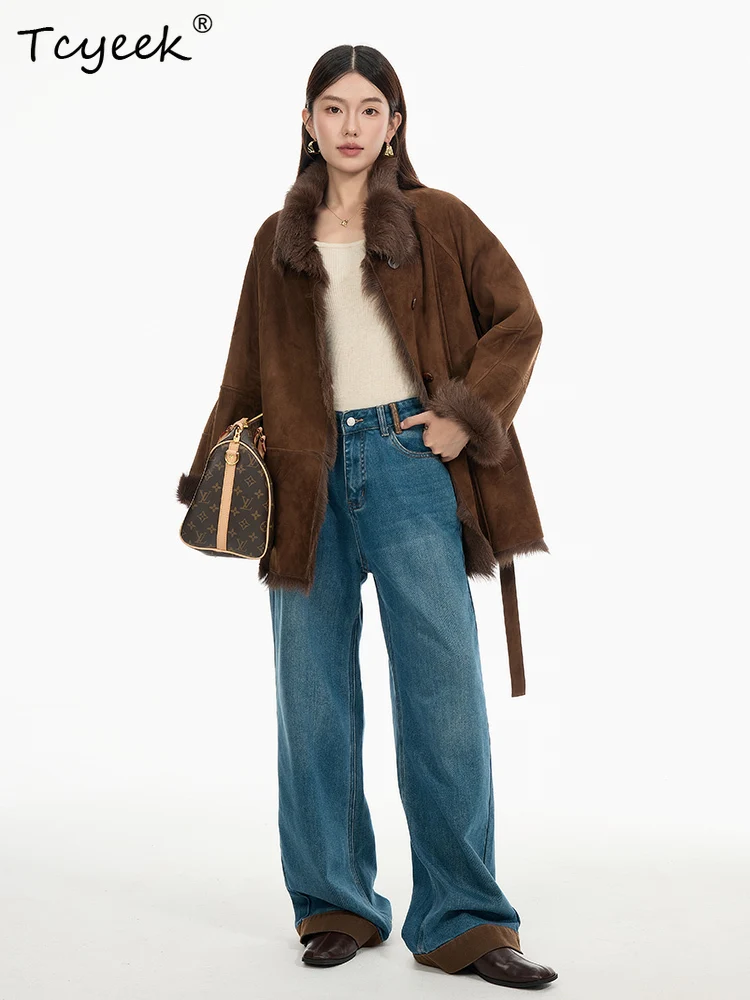 Tcyeek 本物のウール 秋冬 ハイエンド トレンド スタンドカラー 無地 ミディアム丈 レディース ウール シアリング ファーコート