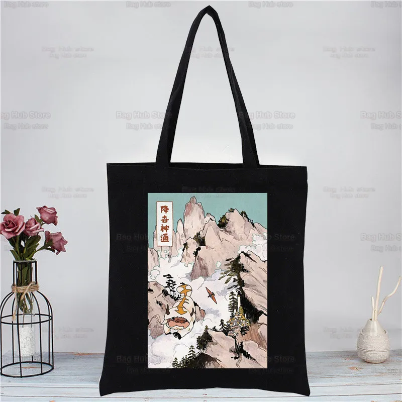 Avatar The Last Airbender Black Handbags Canvas Tote Bag Shopping Water Earth Fire Air Shoulder Shopper Bags bolsas de tela