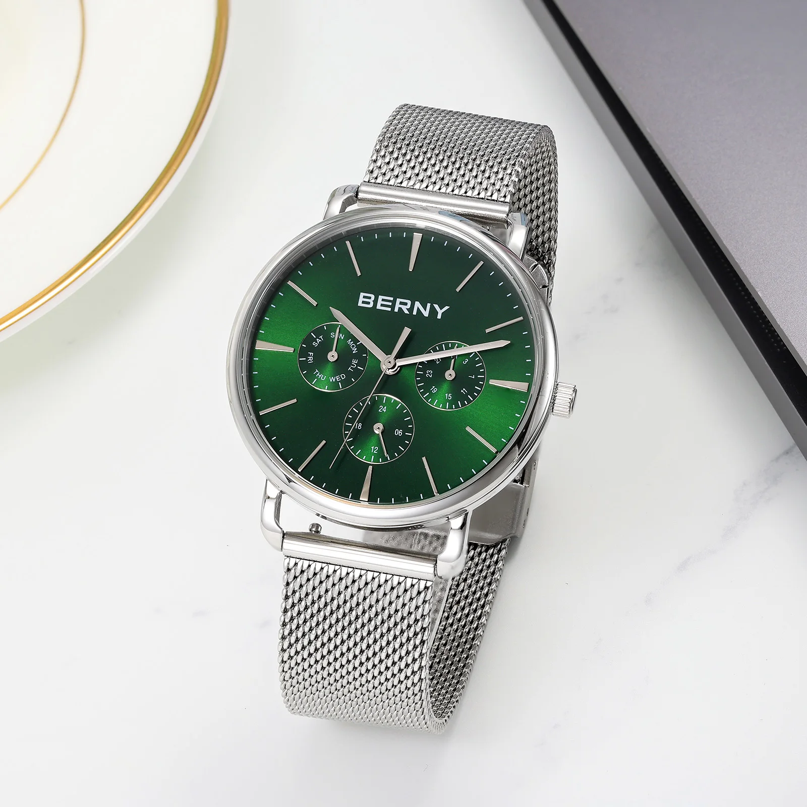 BERNY Herrenuhr mit Kalender und Wochenanzeige, moderner Stil, klassisch, elegant, schlanke Quarzuhr, Edelstahl 6P29 5ATM Armbanduhr – Detail 16