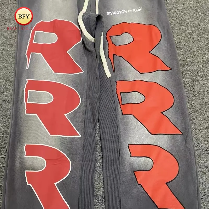 24ss Almond Grey RRR123 Print RRR Sweatpants High Quality Tie-dye Vintage Drawstring Mens Womens Drawstring Sweatpants