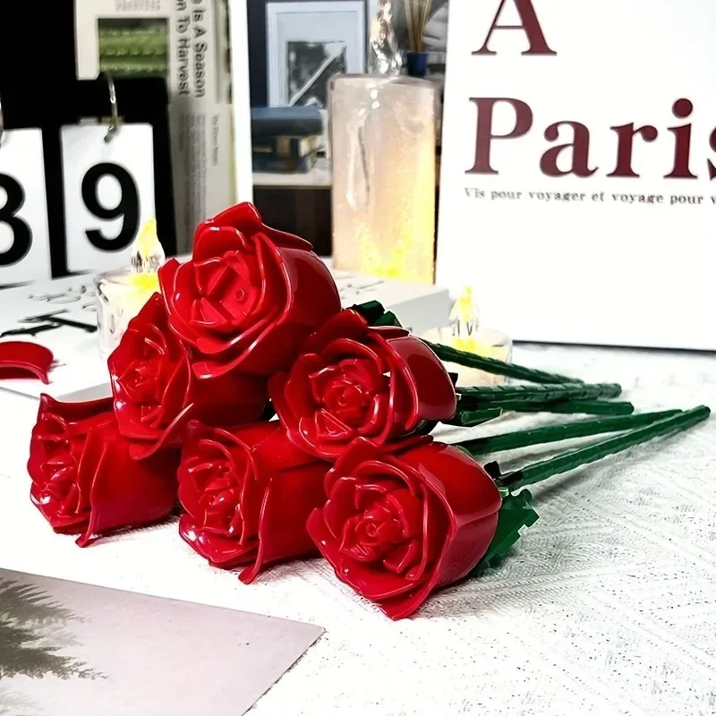 ألعاب مكعبات بناء وردية ثلاثية الأبعاد من KNEW-حب دائم، هدية عيد مثالية، ديكور منزلي/مكتب على شكل زهرة ذاتية الصنع، تجميع بسيط #4