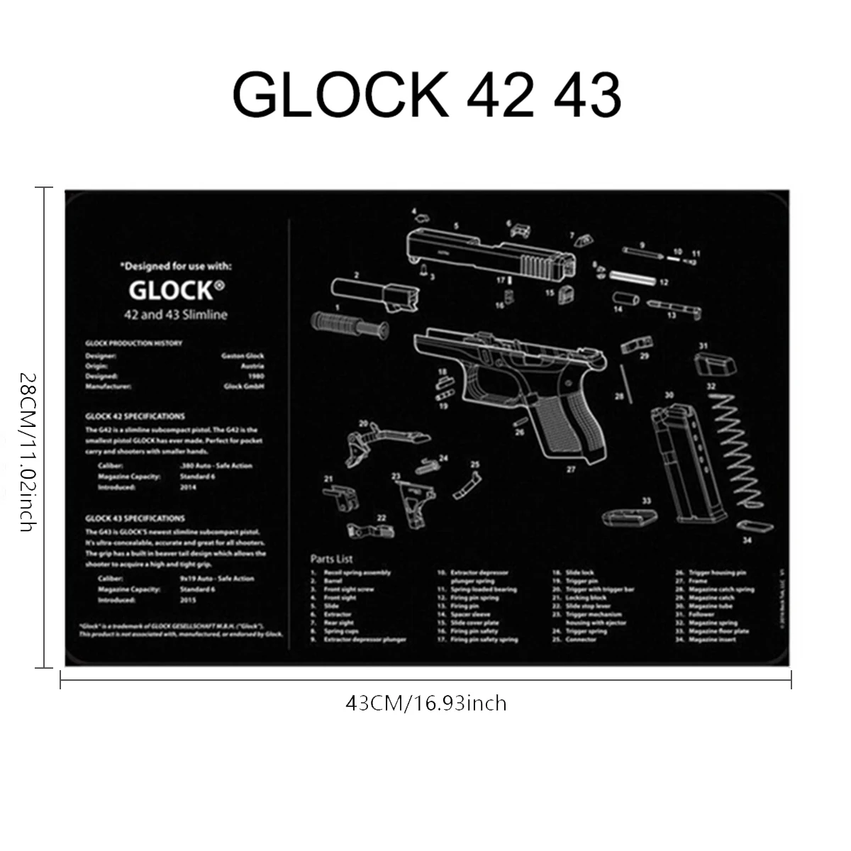 Tactical Glock Gun Cleaning Rubber Mat For Gen4 Gen5 42 43 3D Gunsmith With Parts Diagram And Instructions Mouse Pad