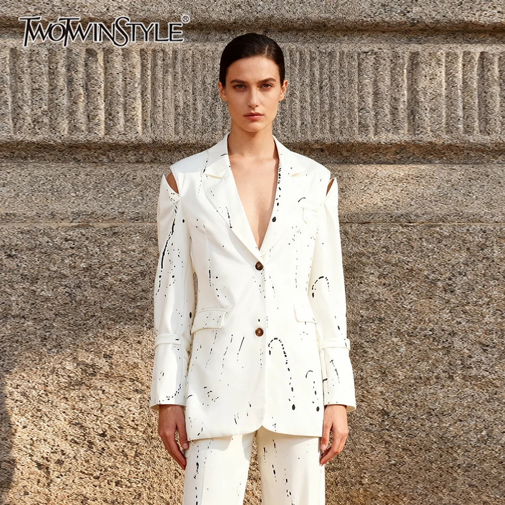 

TWOTWINSTYLE Printing Hollow Out Spliced Buttons Temperament Blazers for Women Lapel Off Shoulder Long Sleeves Blazer Female New