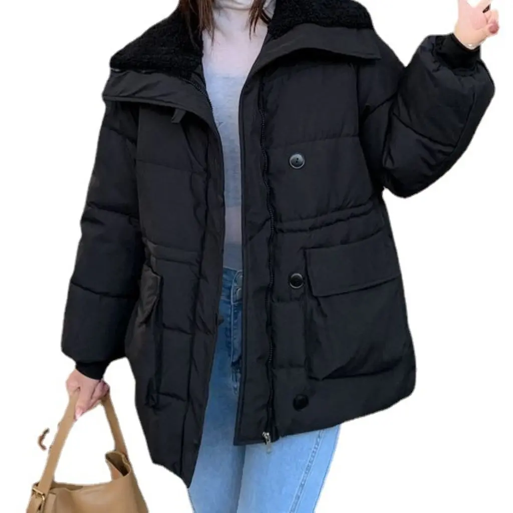 

Women's European Station Large Lapel down Cotton-Padded Jacket Mid-Length Winter Coat Thickened Towel Collar