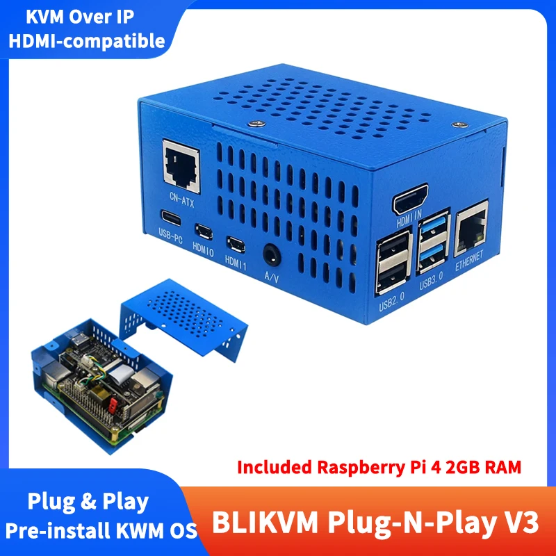 

Newest BLIKVM Plug & Play V3 KIT with Raspberry Pi 4 2GB Pre-install KWM OS KVM-Over-IP HDMI-compatible CSI LED Display