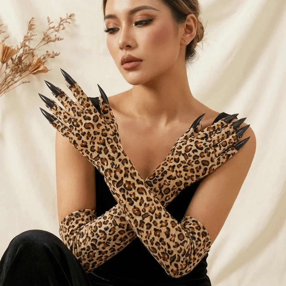 Handwear Long Sleeve Leopard Pattern Gloves Personality Stretchy Ghost Claw Mittens Creative Stretch Cosplay Gloves Festival