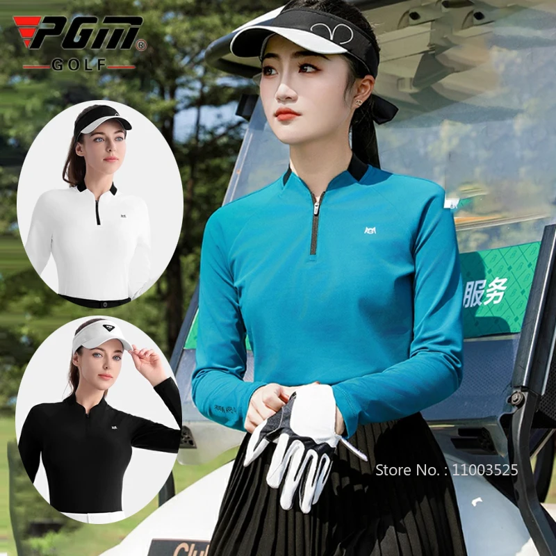 

PGM Autumn Winter Golf Women Pullover Long Sleeved Velvet T-shirt Slim Zipper Collar Golf Polo Shirts Ladies Warm Windproof Tops