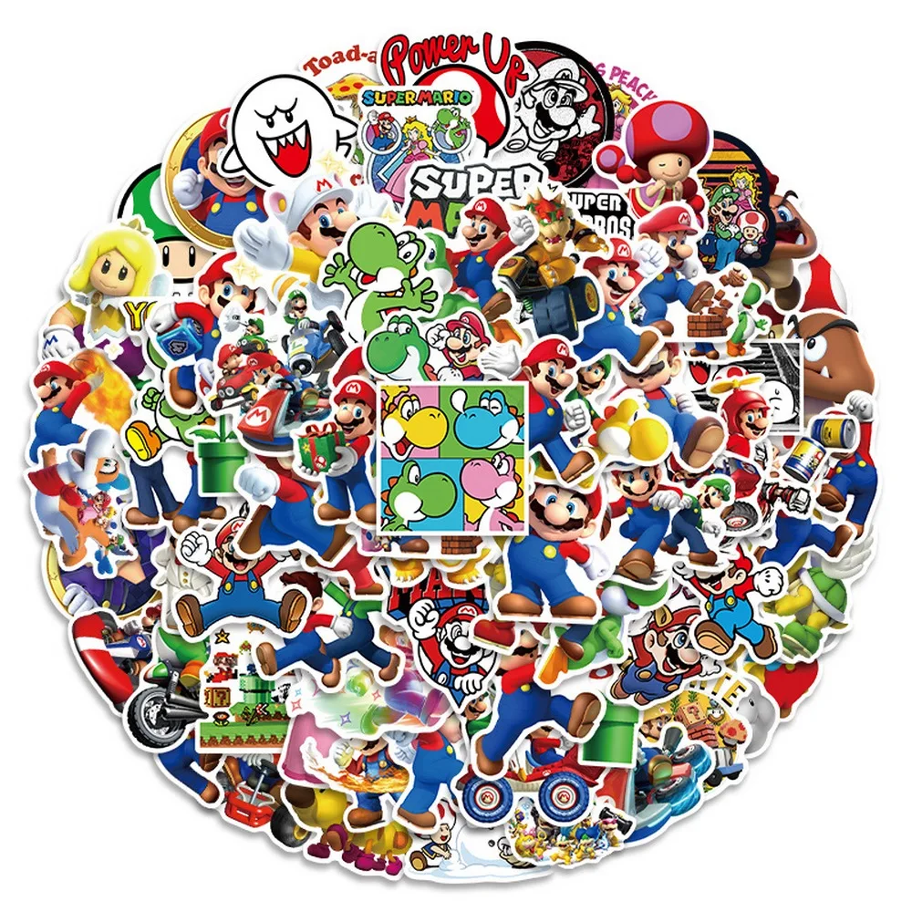 Super Mario Bros Adesivos impermeáveis para crianças, Luigi, Yoshi, Scrapbook, Guitarra, Computador portátil, Skate, Jogo, Etiqueta, Presente, Brinquedo, 100pcs