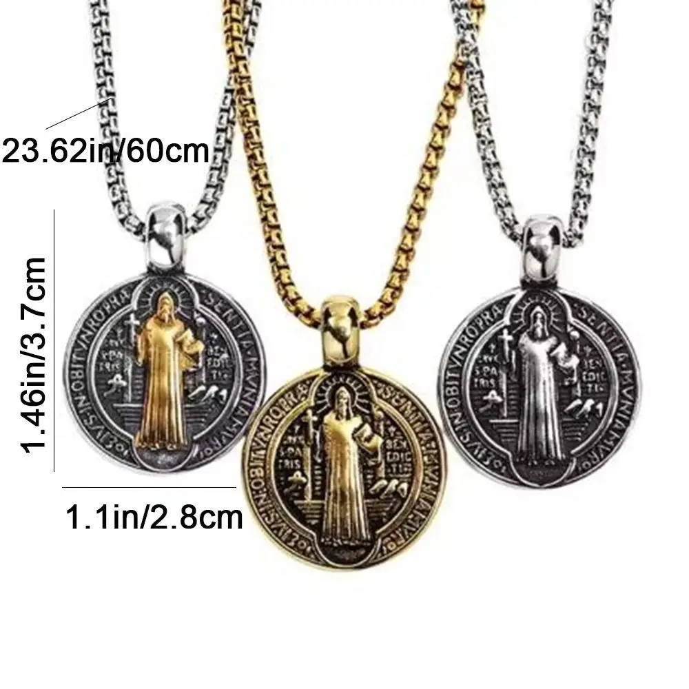 3Pcs Double Sided Saint Benedict Pendant Necklace Zinc Alloy Comfortable Wear San Benito Necklace Catholic Amulet Exquisite
