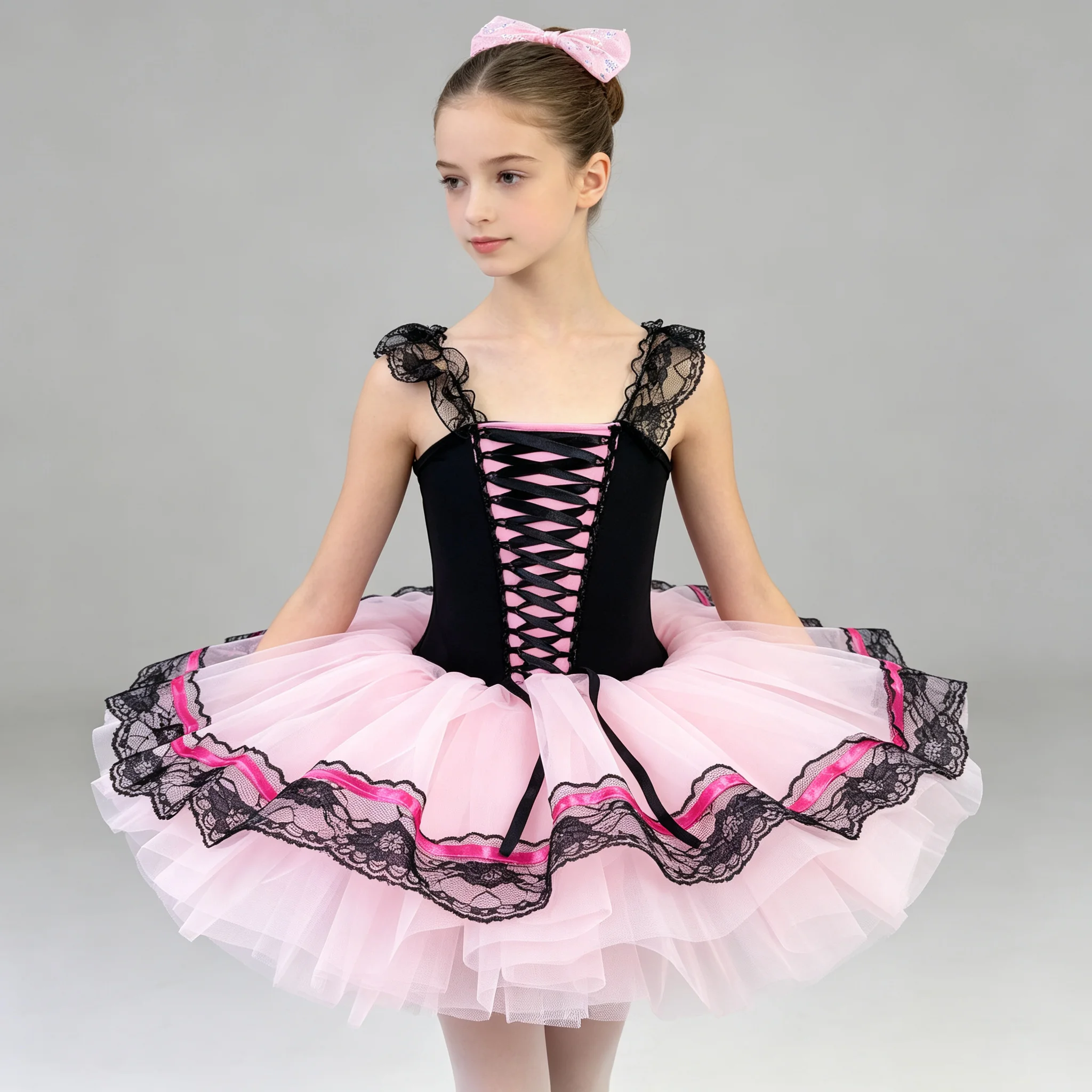 Girls Contrast‑Color Ballet Tutu Dress Kids Lace Trim Puffy Tutu Skirt Children Stage Performance Outfit With Matching Bow