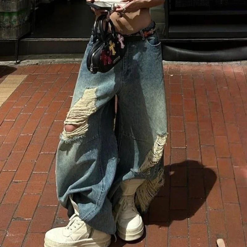 Jeans vecchi strappati da donna americani retrò High Street 2025 Harajuku pantaloni larghi dritti in denim a gamba larga streetwear pantaloni casual