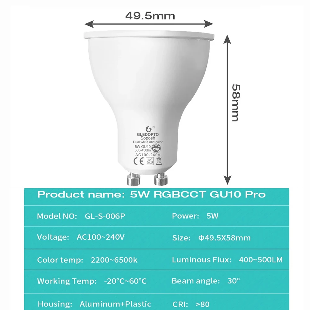 GLEDOPTO Zigbee 3.0 Pro 4W 5W RGB+CCT LED Smart Bulb MR16 GU10 E14 Led Lamp Compatible Echo Alexa APP/Voice/RF Remote