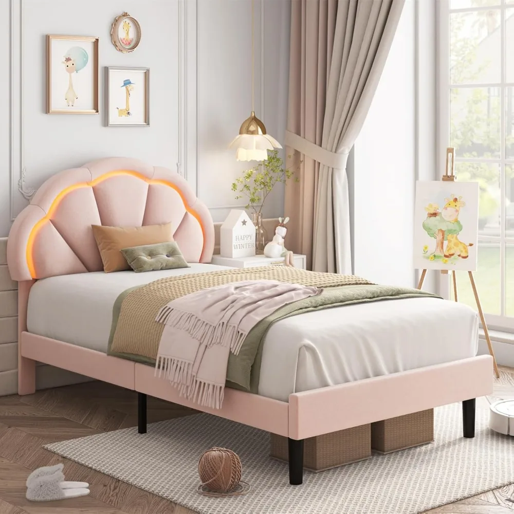 

HIFIT Twin Upholstered Smart LED Bed Frame with Adjustable Chic Petal Headboard, Princess Twin Size Platform Bed Frames for Kids