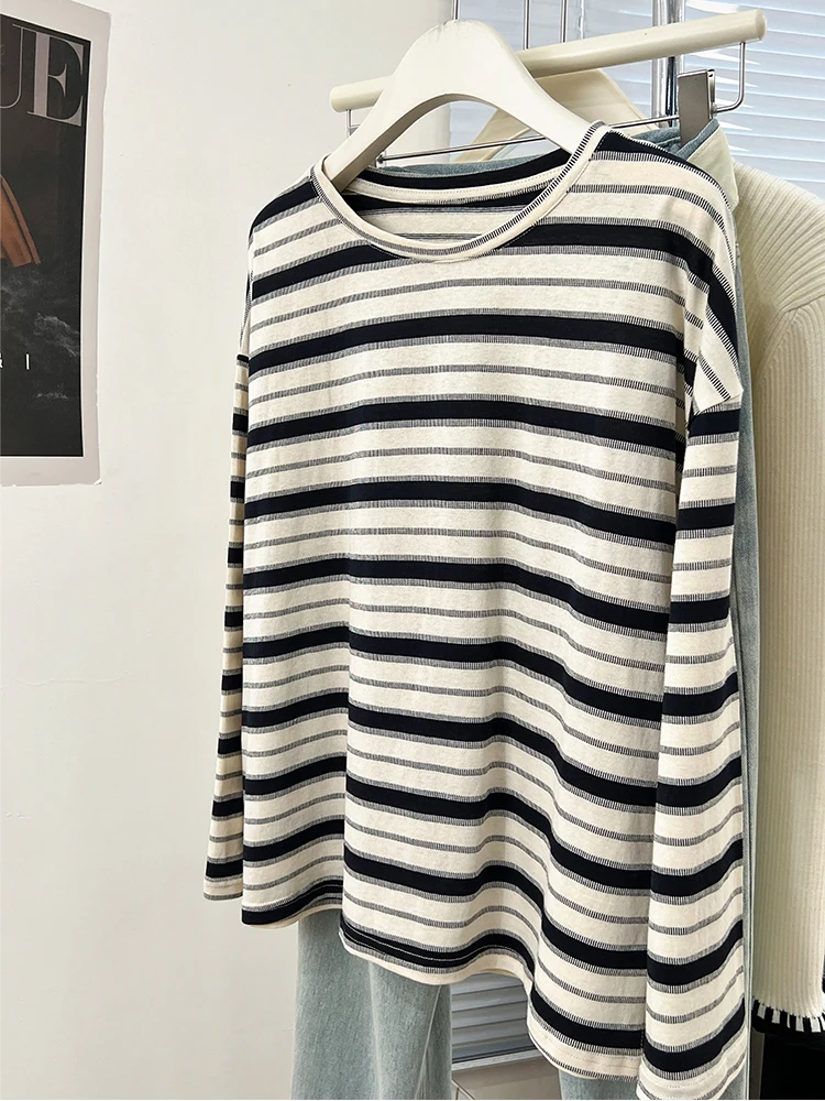 Women\'s Loose Casual Versatile Round Neck Tops 2024 Autumn New Stripe Contrast Long Sleeves T-shirt Harajuku Retro Tees