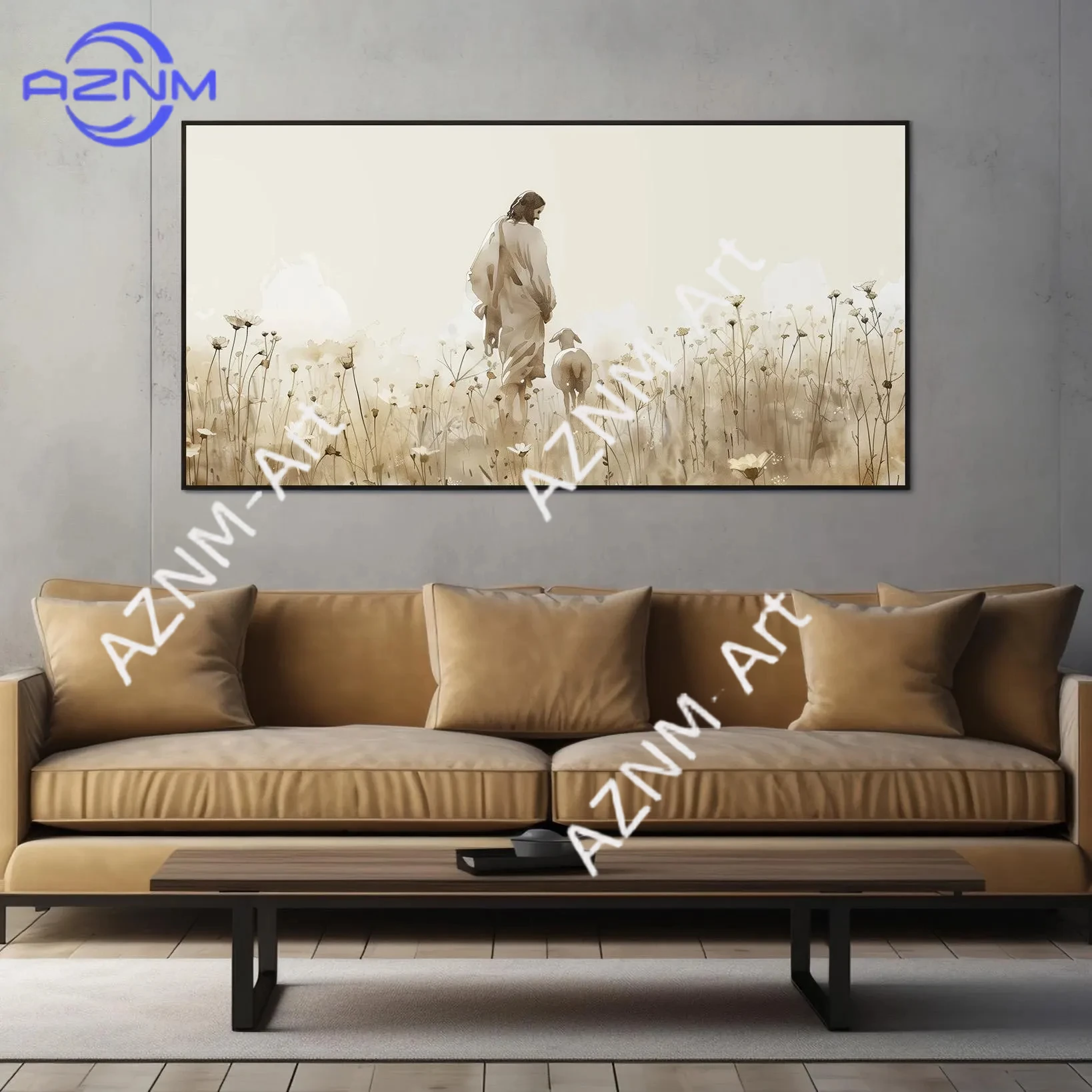 1PC Eesus and Lost Lamb Flower Field Poster, Shepherd Bible Watercolor Painting, Sheep Minimalist Christian Faith