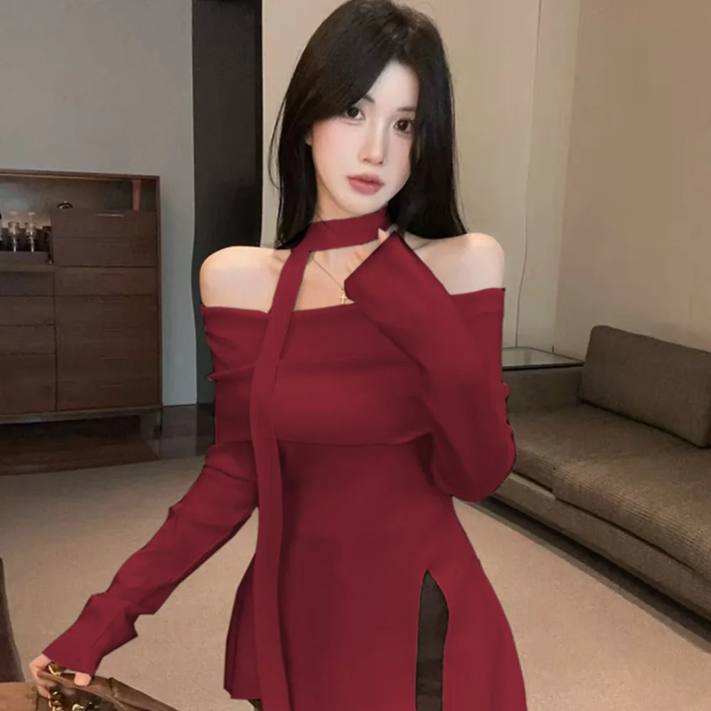 

Французская облегающая трикотажная футболка с Sa средней длины с верхним слоем, сексуальный дизайн с разрезом и высокой талией, длинный повседневный топ све