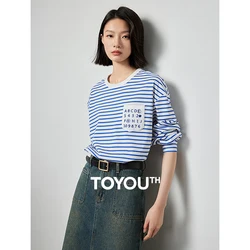 TOYOUTH Women Tee Tops 2024 Spring New Letter Printed Pocket Round Collar Cotton Casual White Tops