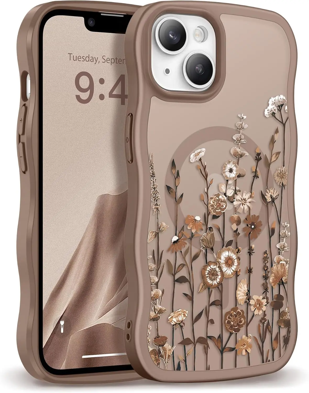 Floral Magnetic Phone Case for iPhone 14/13 with MagSafe, Wave Edge & Shockproof Protection