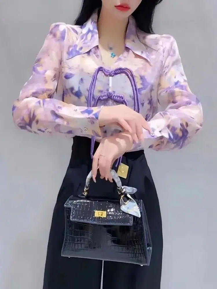 

Sunscreen Shirt Women's New Printed High-end French Spring Summer Thin Button Drawstring Minimalis Ttop Color Blouses Shirt