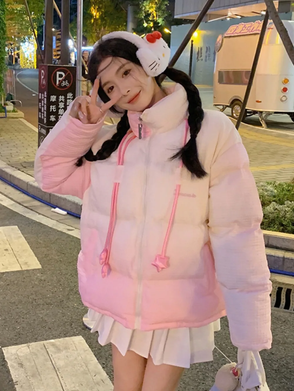 Autumn Winter Women Pink Jacket Korean Style Loose Cute Bunny Design Cotton-padded Coat Thick Warm Outerwear Female