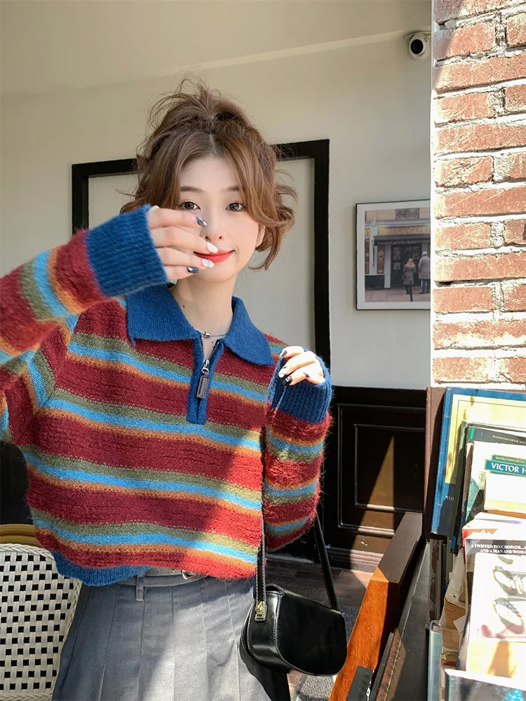 

Женская мода, осень-зима, винтажный стиль, топ с длинными рукавами, полосатый воротник-поло, короткий стильный вязаный свитер с цветными блоками