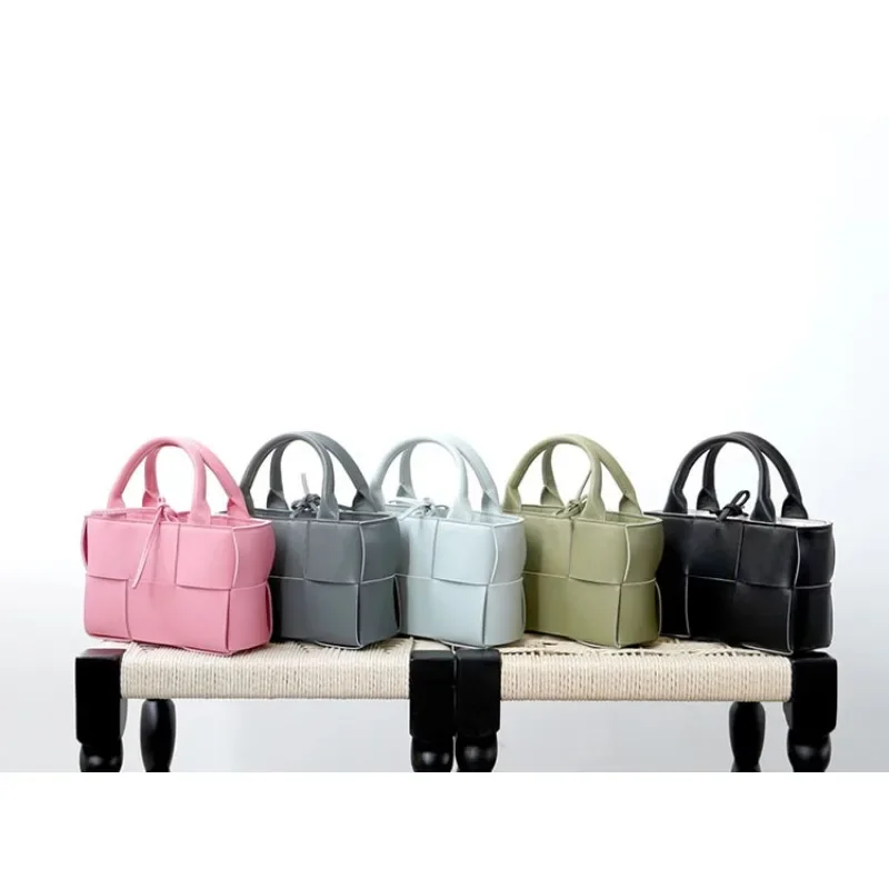 Inside Outside Full Leather Vegetable Basket Sheepskin Woven Handbag Mini Tote Bag Women Shoulder Messenger Bag Commute Leisure
