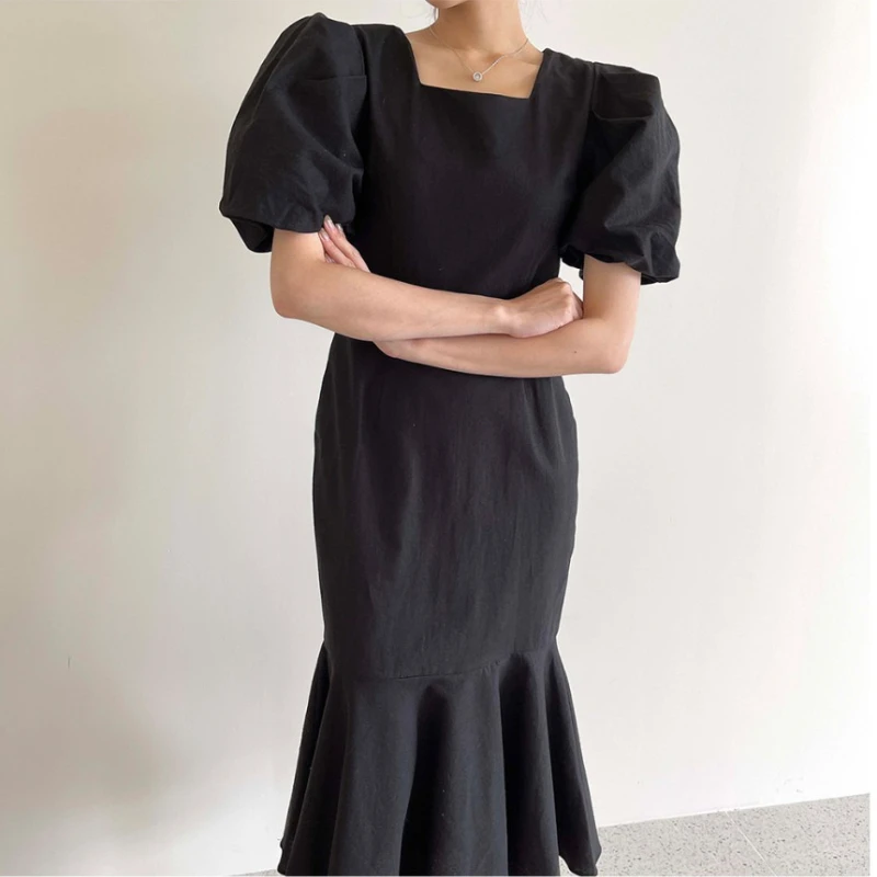 فستان كوري أنيق صيفي برقبة مربعة أنيق بتصميم ربط خلفي فستان حورية البحر للنساء لون نقي فستان ميدي عتيق