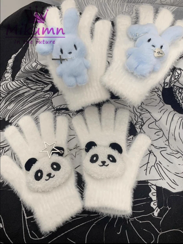 

Mikumn Harajuku Y2k Plush Cartoon Panda Rabbit Knitted Gloves Women Girls Winter Warm Japanese Kawaii Gloves Full Finger Mittens