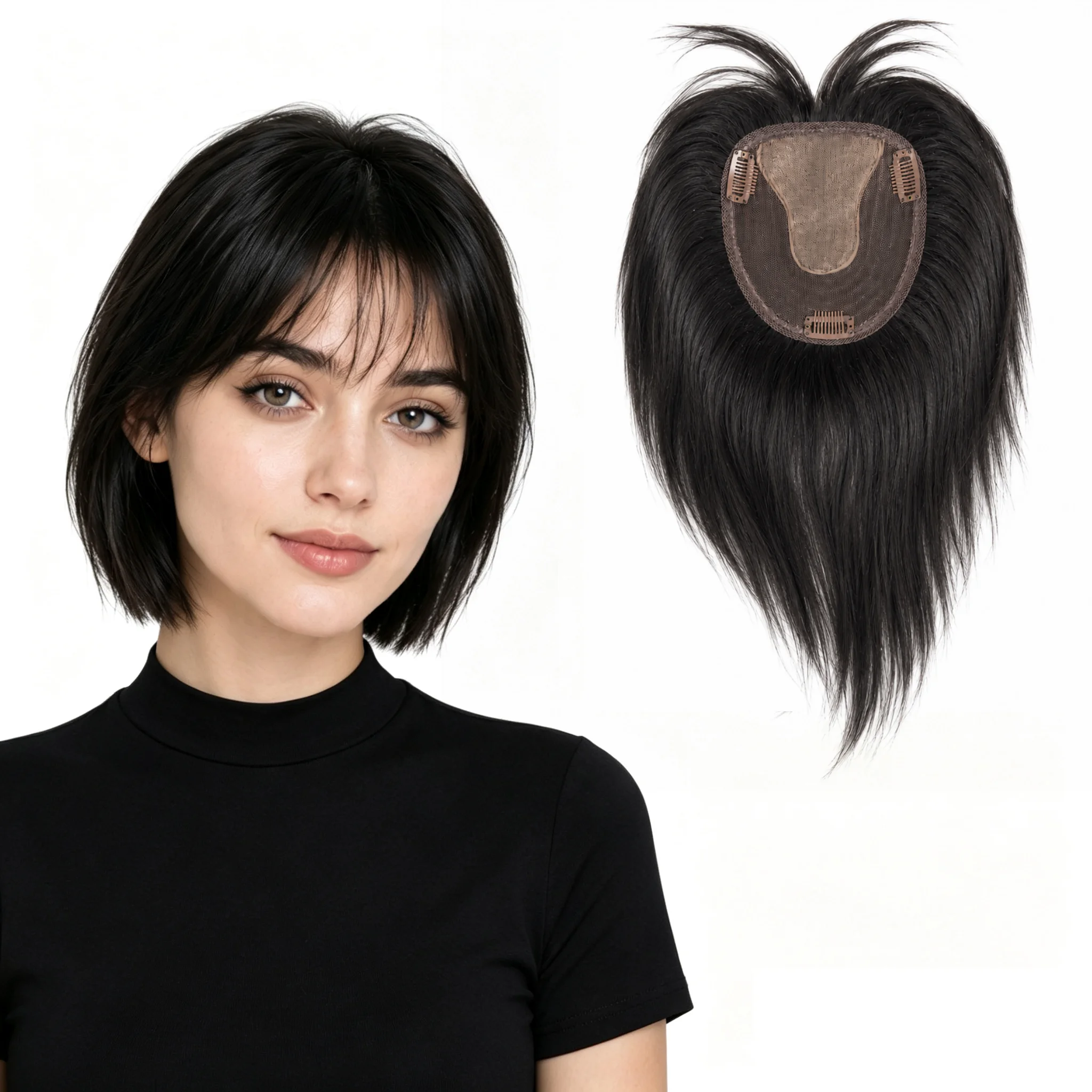 Brazilian Natural T-part Lace Base Hair Toppers for Women with 3D Bangs Clip in Hair Extension Cover Hair Loss Human Hairpiece
