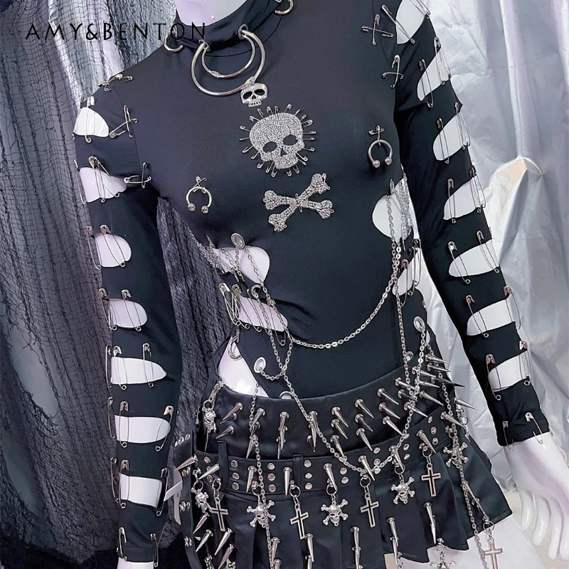 

European American Black Hollow Out Sexy Long Sleeve Women's Clothing Punk Rhinestone Chain Sweet Cool Rock Bodysuit Top Ladies