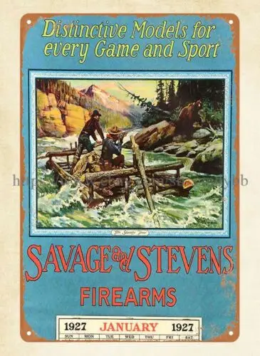 1927 SAVAGE STEVENS FIREAMS Philip Goodwin hunters grizzly bear metal tin sign