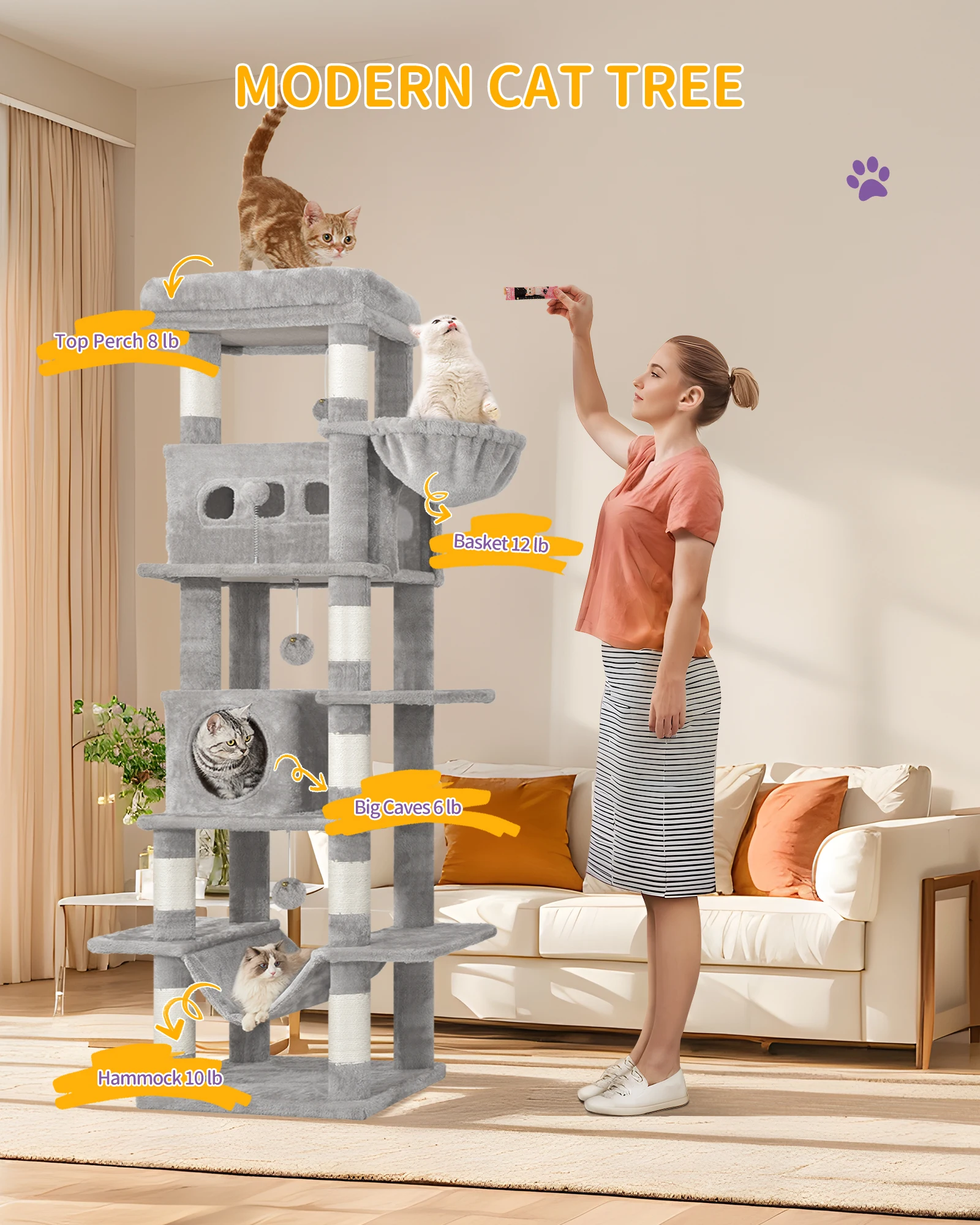 Hzuaneri 170 cm Large Cat Tree, Cat Tower for Maine Cat, Multi-Level Scratching Post with Large Perch, Washable Mat 1